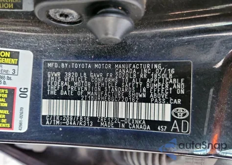 2016 Toyota Corolla L z USA, uszkodzony, nr VIN 2T1BURHE6GC720162